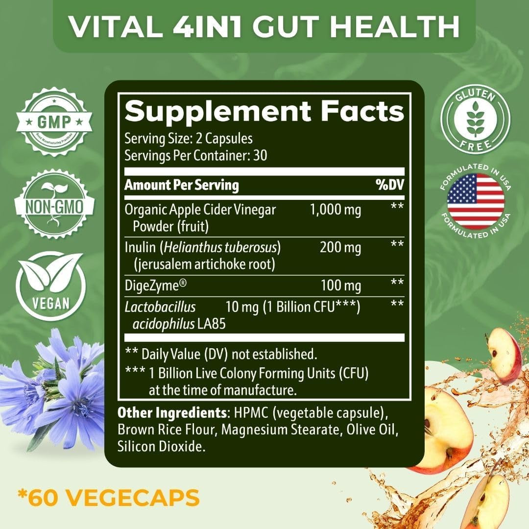 Vital Gut Health 4In1 Formula with Apple Cider Vinegar, Prebiotics & Probiotics, Digestive Enzymes for Strong Immunity Support and Complete Gut and Digestion Support- 30 Days Supply