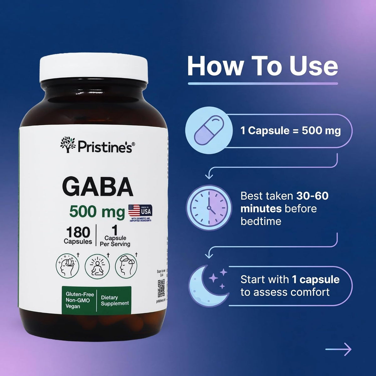 PRISTINE'S GABA 500Mg Sleep Quality Support Supplement - 180 Day Supply - Calm Mind & Relaxation Sleep Support Capsules Glass Bottle