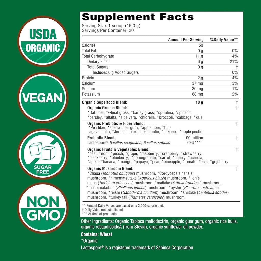 Country Farms Organic Super Greens Powder, 50 Organic Superfoods, Daily Greens Drink Mix with Fruits, Vegetables, Fiber, Probiotics & Mushrooms, Supports Energy, Gut Health & Digestion, Natural Flavor