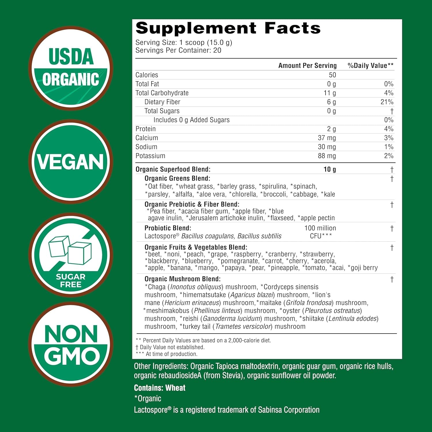 Country Farms Organic Super Greens Powder, 50 Organic Superfoods, Daily Greens Drink Mix with Fruits, Vegetables, Fiber, Probiotics & Mushrooms, Supports Energy, Gut Health & Digestion, Natural Flavor
