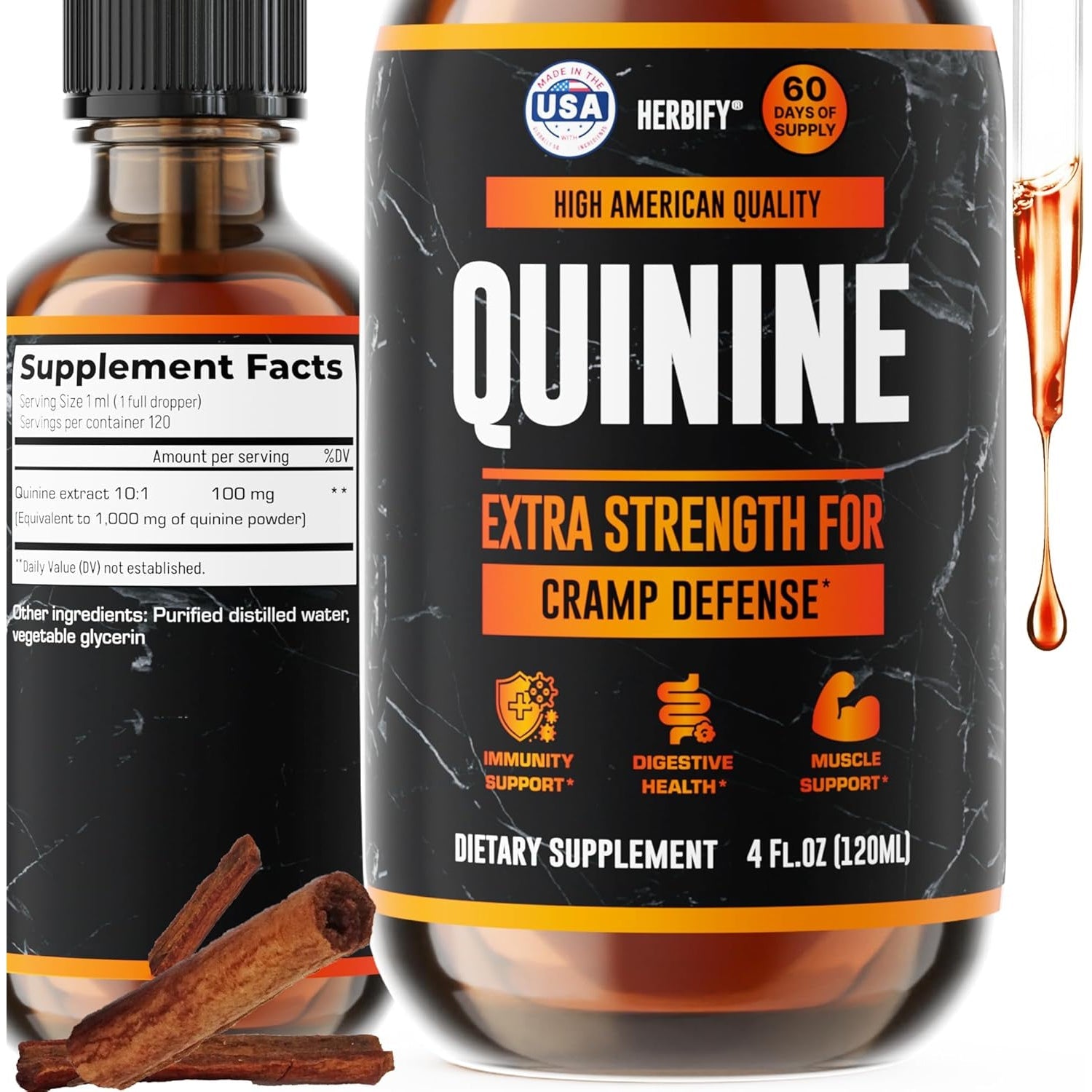 HERBIFY Quinine Tincture - Quinine Liquid Extract for Healthy Digestion - Quinine Cinchona Supplement for Better Absorption - US Made Product - for Men & Women 4Oz (120Ml)
