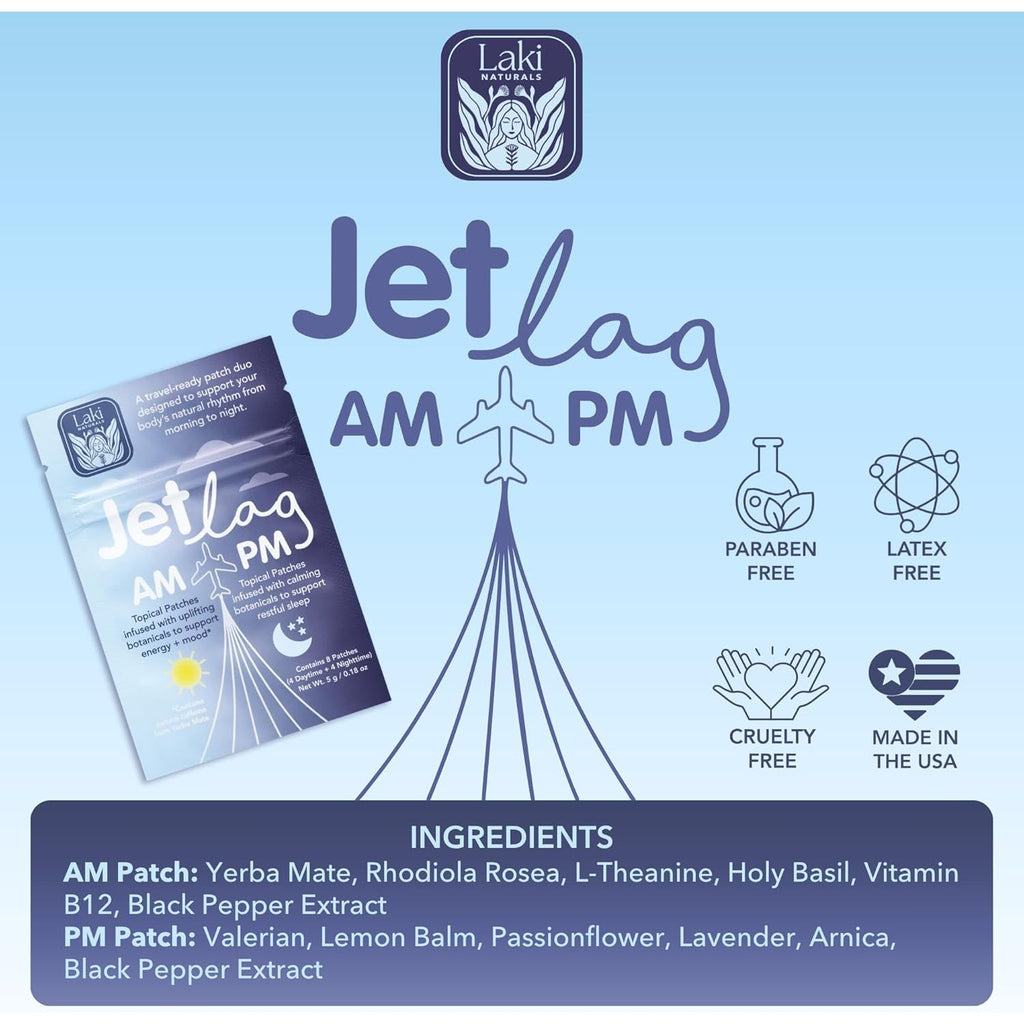 Laki Naturals Jet Lag AM & PM Travel Patches (1 Count, Pack of 8) – Natural Day & Night Support for Travelers – Energy, Focus & Restful Sleep – with B12, Valerian, Lavender & More