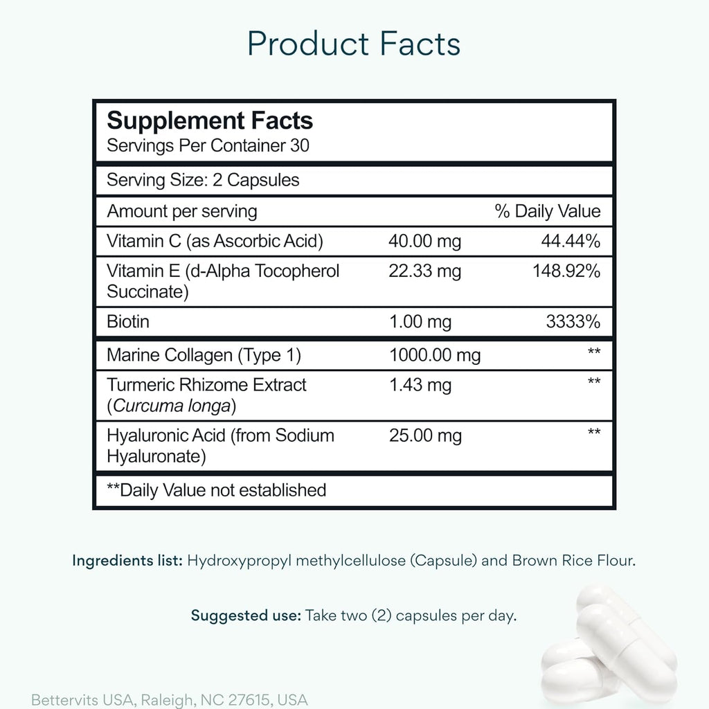 Bettervits Collagen Peptides Complex with Hyaluronic Acid & Turmeric | Hydrolyzed Marine Collagen Supplements for Women & Men | Collagen with Vitamin C for Skin, Hair, Nails & Joints – 60 Capsules