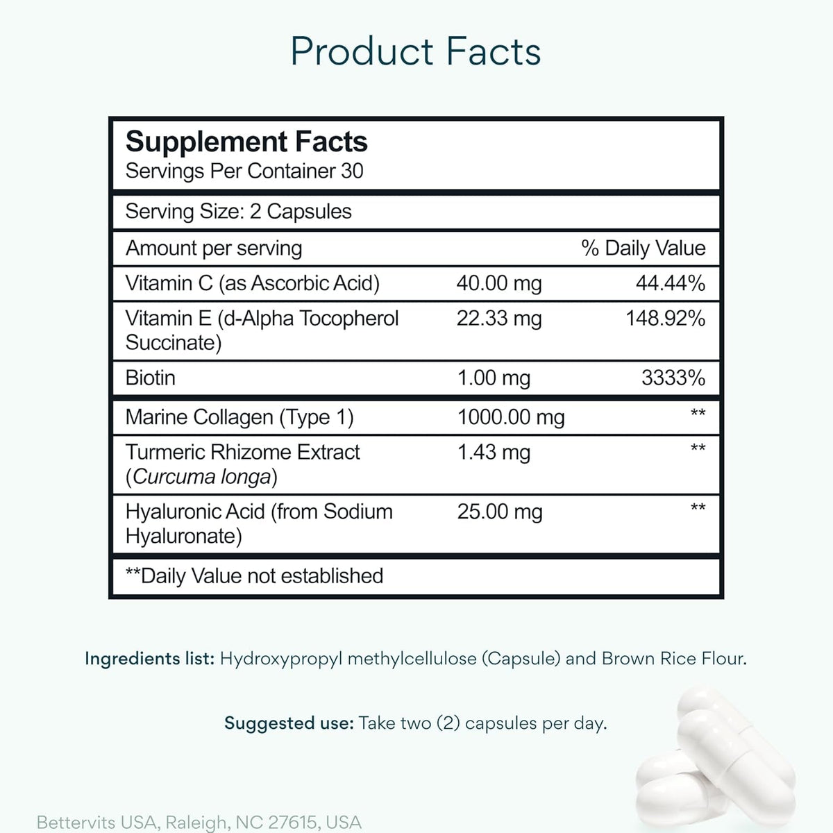 Bettervits Collagen Peptides Complex with Hyaluronic Acid & Turmeric | Hydrolyzed Marine Collagen Supplements for Women & Men | Collagen with Vitamin C for Skin, Hair, Nails & Joints – 60 Capsules
