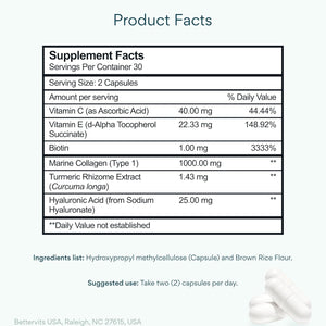 Bettervits Collagen Peptides Complex with Hyaluronic Acid & Turmeric | Hydrolyzed Marine Collagen Supplements for Women & Men | Collagen with Vitamin C for Skin, Hair, Nails & Joints – 60 Capsules