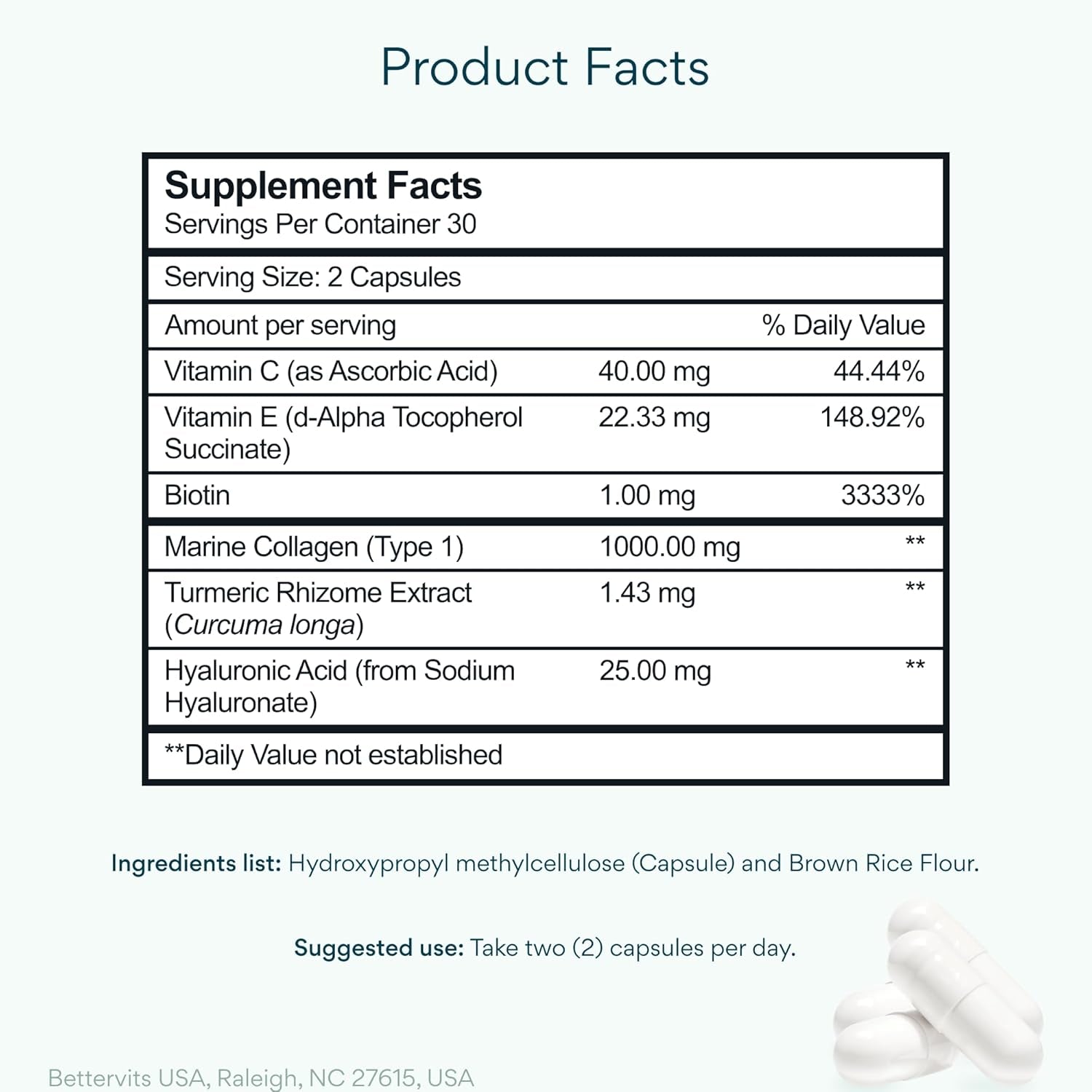 Bettervits Collagen Peptides Complex with Hyaluronic Acid & Turmeric | Hydrolyzed Marine Collagen Supplements for Women & Men | Collagen with Vitamin C for Skin, Hair, Nails & Joints – 60 Capsules