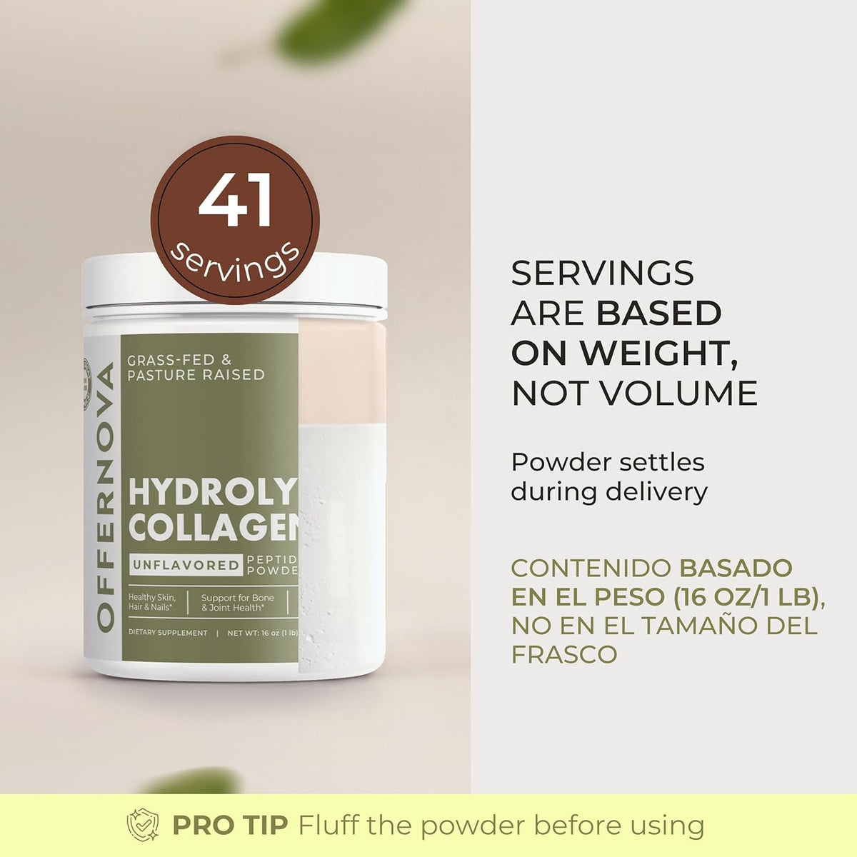 Hydrolyzed Collagen Peptides Powder - 100% Pure, Grass Fed & Unflavored for Women & Men – for Healthy Bones, Joints, Hair & Skin – Colageno Hidrolizado En Polvo Piel, Cabello Y Articulaciones