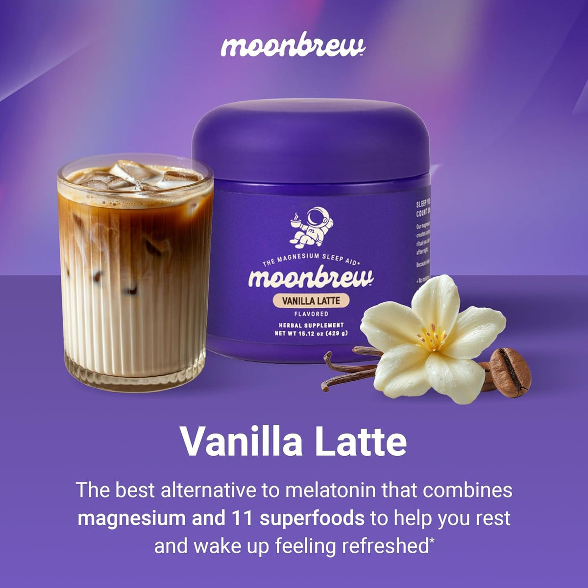 Moonbrew Magnesium Sleep Aid Drink Mix, Vanilla Latte – Melatonin-Free Nighttime Ritual for Relaxation & Deep Rest – Caffeine-Free Sleepy Latte with L-Theanine & Zinc – 25 Servings