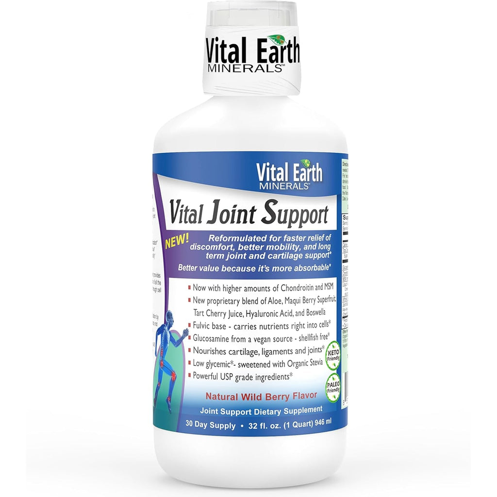 Vital Earth Liquid Joint Support Supplement – Glucosamine, Chondroitin, MSM plus Hyaluronic Acid, Boswellia & Fulvic Acid (70+ Trace Minerals), 32 Oz + 1 Oz Cup