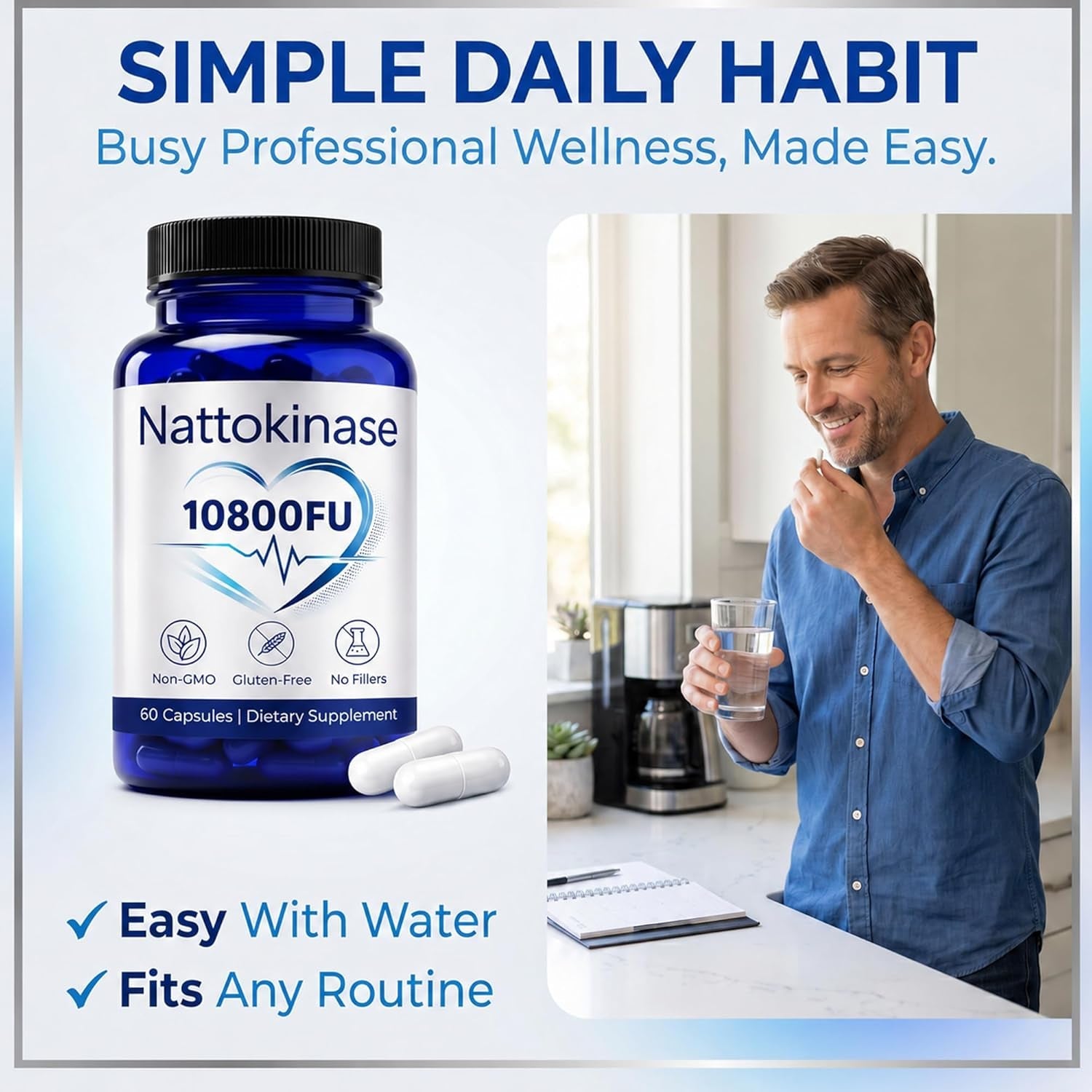 Nattokinase 10800 Fu, Ultimate Nattokinase 10800 Fu, Organic Nattokinase Supplement 10800 Fu, Vegan & Gluten-Free, Daily Health Support, 60 Capsules