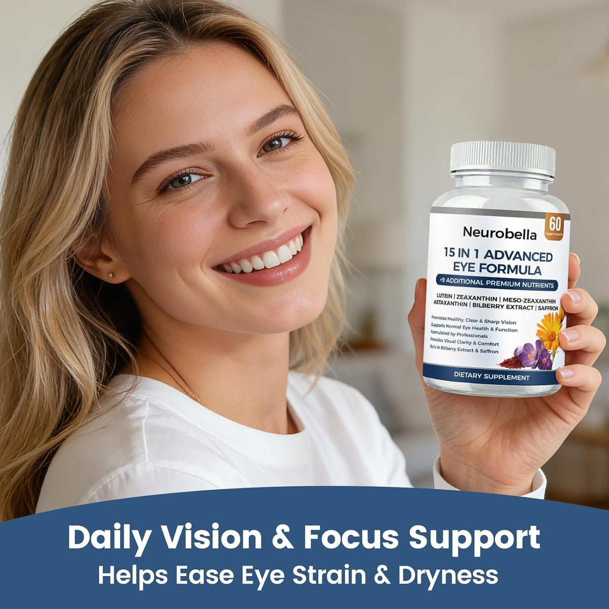 Neurobella Eye Formula, Neurobella 15 in 1 Advanced Eye Formula with All 3 Carotenoids, Lutein & Zeaxanthin, Saffron & Bilberry Extract