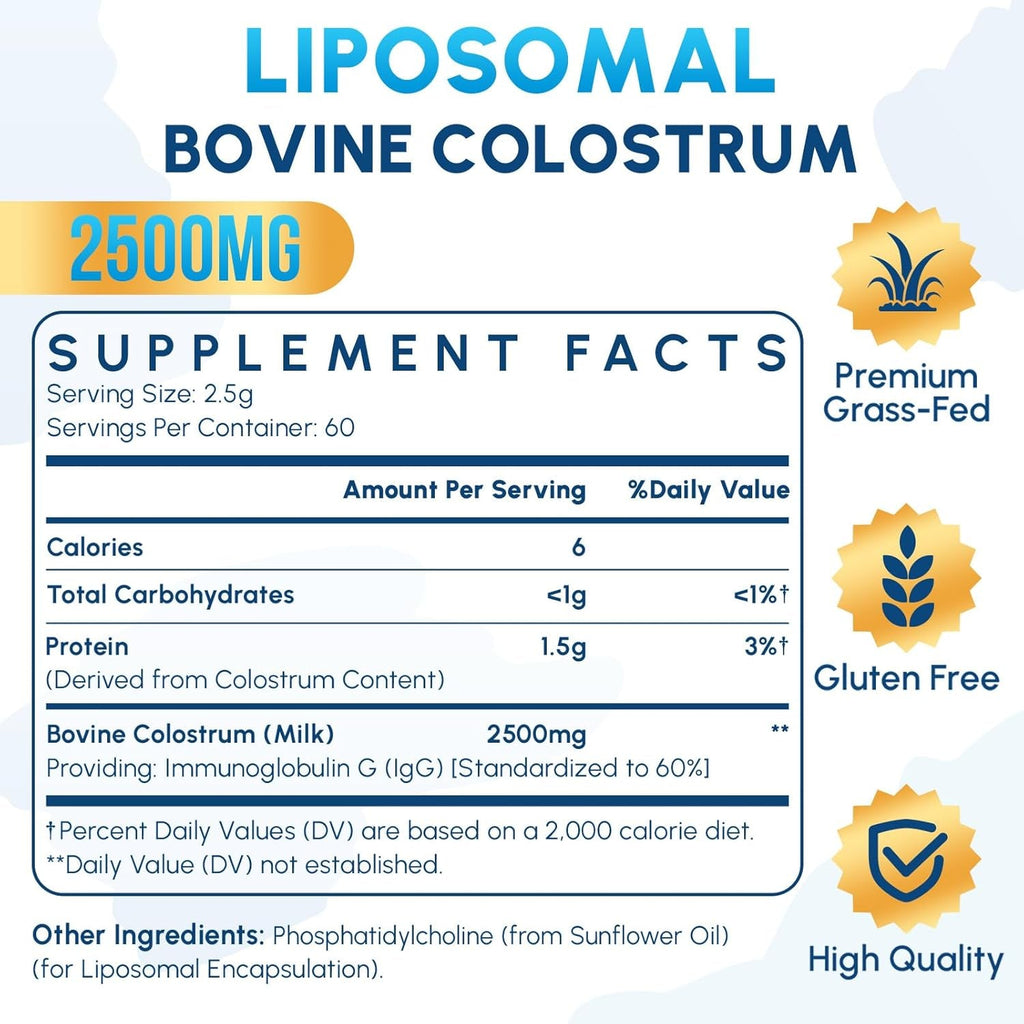 Zdoroviye Liposomal Bovine Colostrum Powder Supplement 2500 Mg, Higher Absorption than Regular Bovine Colostrum (60 Servings)