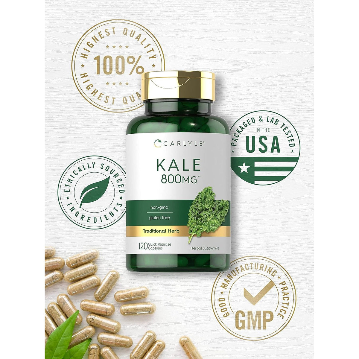 Carlyle Kale Supplement | 120 Capsules | Herbal Leaf Extract Formula | Non-Gmo & Gluten Free