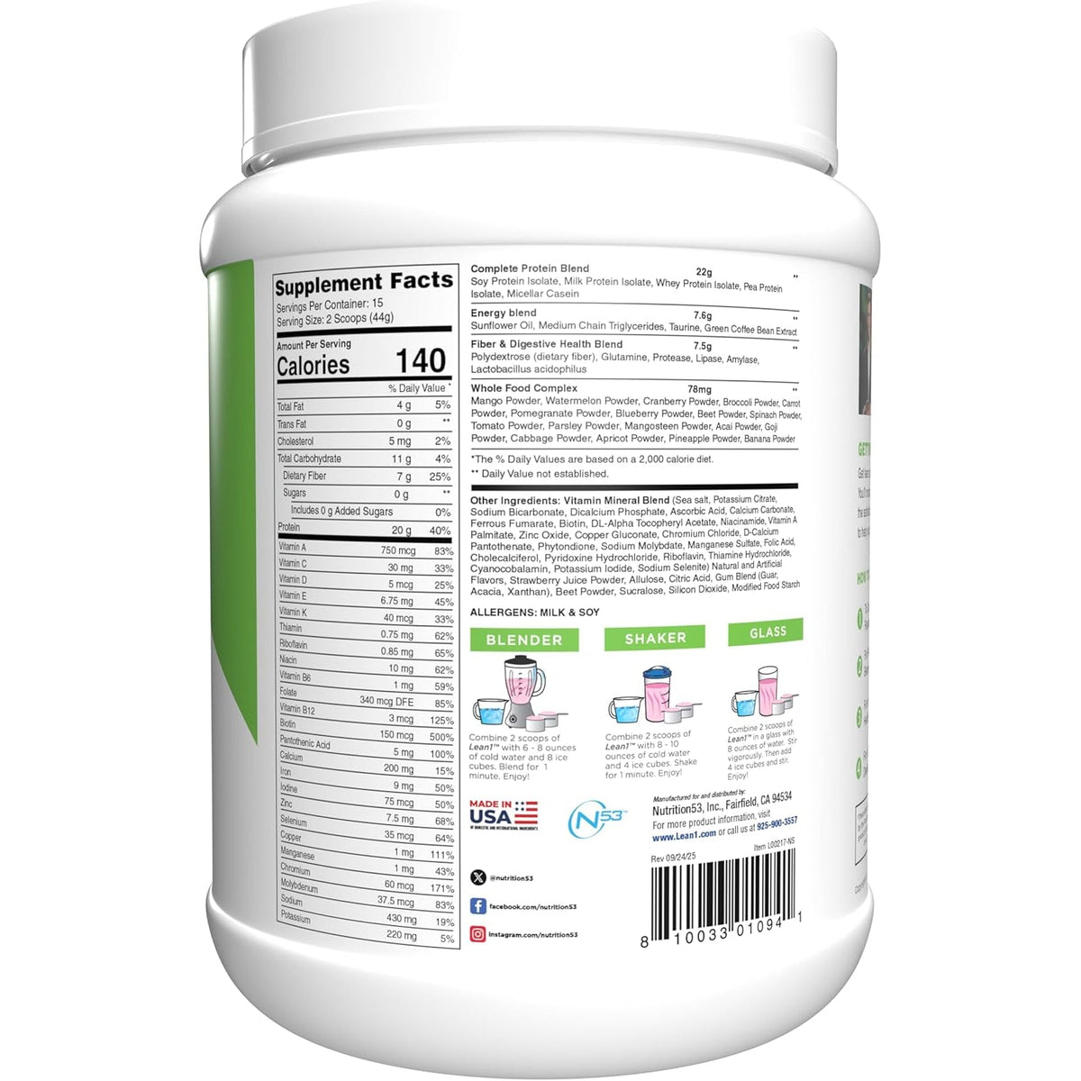 Lean1 Meal Replacement Protein Shake, Strawberry Flavor, 15 Serving Tub