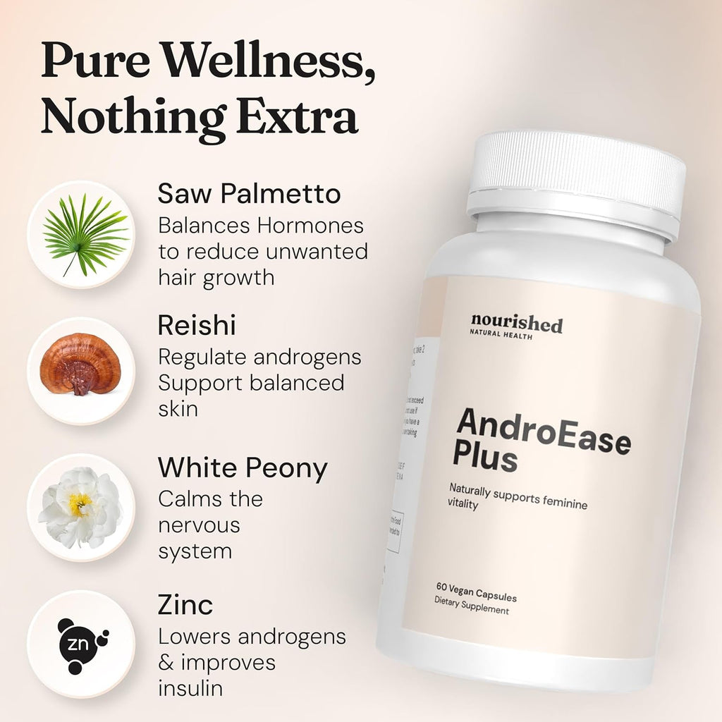 Nourished Androease plus - Vegan Hormone Balance for Women - Zinc, Reishi, Green Tea and Saw Palmetto for Women - for Energy, Vitality, Facial Hair and Daily Wellness - 60 Capsules, Made in USA