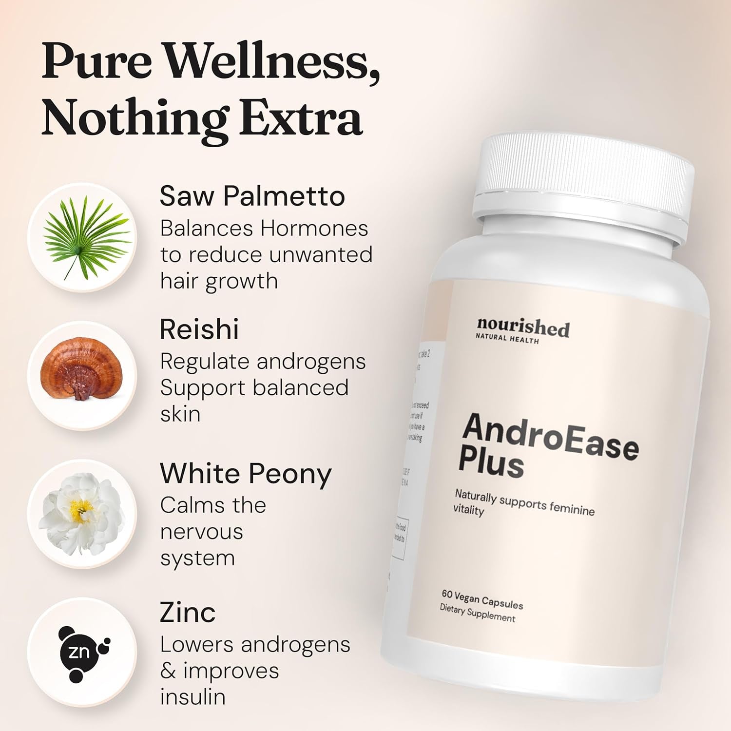 Nourished Androease plus - Vegan Hormone Balance for Women - Zinc, Reishi, Green Tea and Saw Palmetto for Women - for Energy, Vitality, Facial Hair and Daily Wellness - 60 Capsules, Made in USA