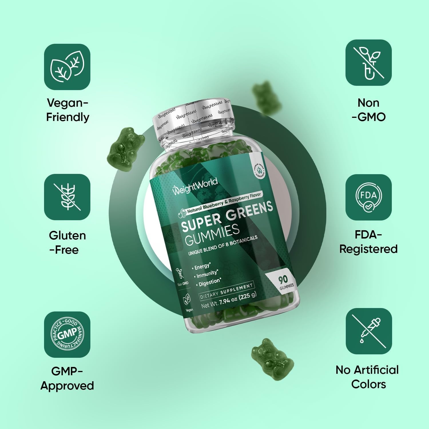 Weightworld Super Greens Gummies - Energy, Immunity, Gut & Digestive Health - 45-Day Supply - Daily Greens Supplements - Moringa, Broccoli, Spinach + Vitamins & Minerals - 90 Vegan Superfood Gummies