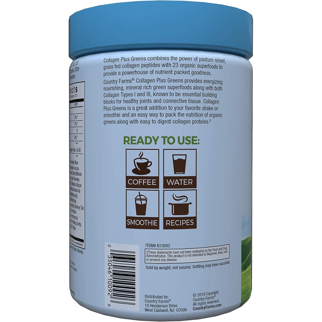Country Farms Collagen Peptides Powder with Greens Dietary Powder Supplement (Type I, III) for Skin Hair Nail and Joints, Dairy/Gluten/Sugar Free, Energizing Superfoods, Natural, 10.6 Oz 30 Servings
