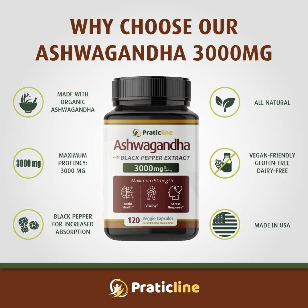 Ashwagandha Capsules 3,000 Mg - 120 Vegan Cap Made with Organic Ashwagandha Powder and Root Extract. Gluten Free. Made in USA