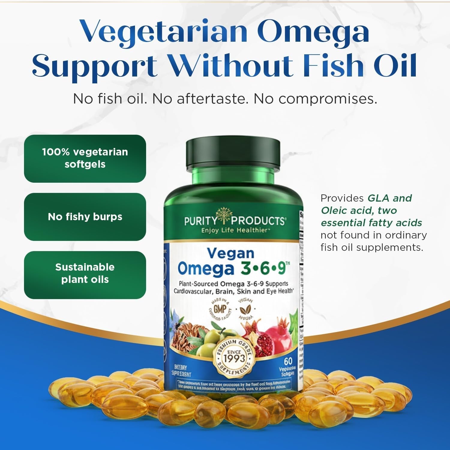 Purity Products Omega 3-6-9 Vegan and Vegetarian Formula - “5 in 1” Essential Fatty Acid Complex - Scientifically Formulated Plant-Based Omega 3 6 9 Essential Fatty Acids (EFA) - from (60)