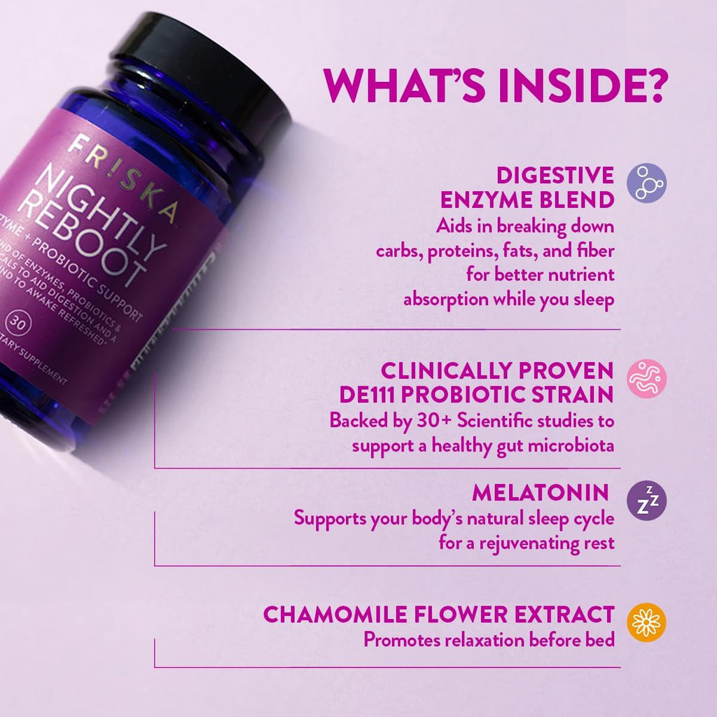 Friska Nightly Reboot - Nighttime Digestive Enzymes, Probiotic for Gut Balance & Bloating Support, with Melatonin & Chamomile to Promote Relaxation & Sleep, 30 Capsules