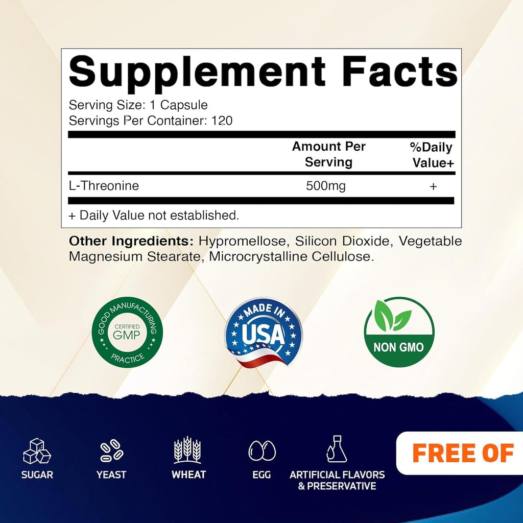 Vitamatic L-Threonine 500Mg – 120 Vegetable Capsules Promotes Healthy Liver, Cardiovascular & Structural Function