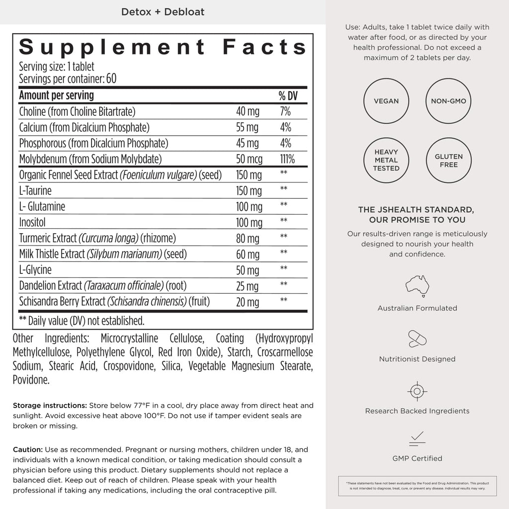 Jshealth Detox + Debloat. Bloating Relief for Women with Milk Thistle, Turmeric, and Fennel. Liver Health and Gut Support. Nutritionist-Formulated (60 Tablets)