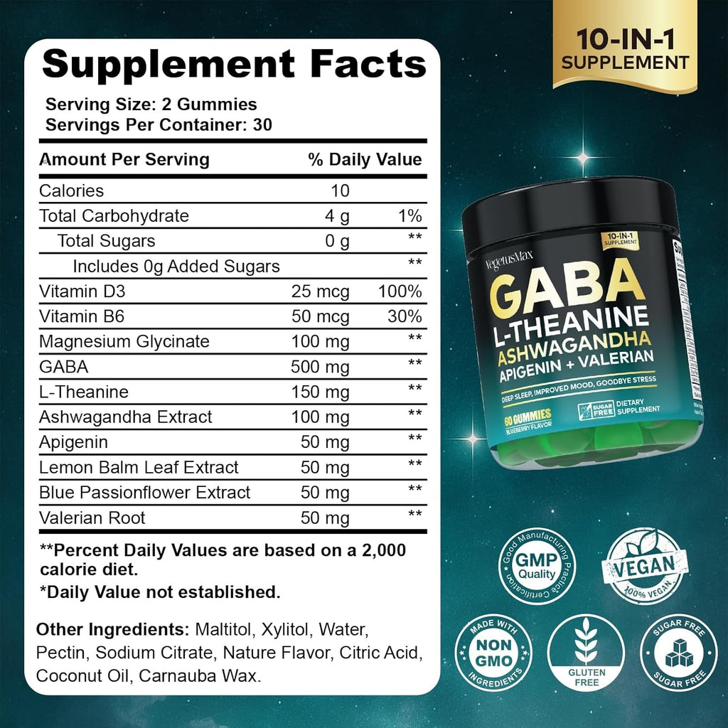 GABA Gummies 500Mg Sugar-Free Calm Gummies with L Theanine, Ashwagandha, Magnesium, Vitamins D3, B6, Melatonin-Free for Calm, Mood, Zzz, GABA Supplement for Adult, Blueberry 60 Count (Pack of 1)