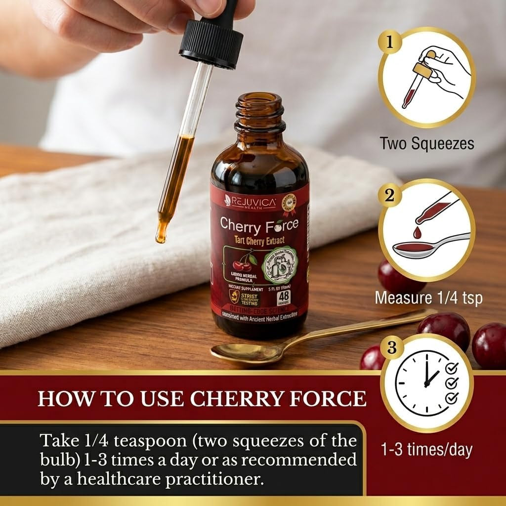 Rejuvica Health Cherry Force Montmorency Tart Cherry Liquid Drops 2 Fl Oz | Joint & Uric Acid Support | Helps with Inflammation, Sleep & Recovery | High Absorption Liquid Extract | Vegan Supplement