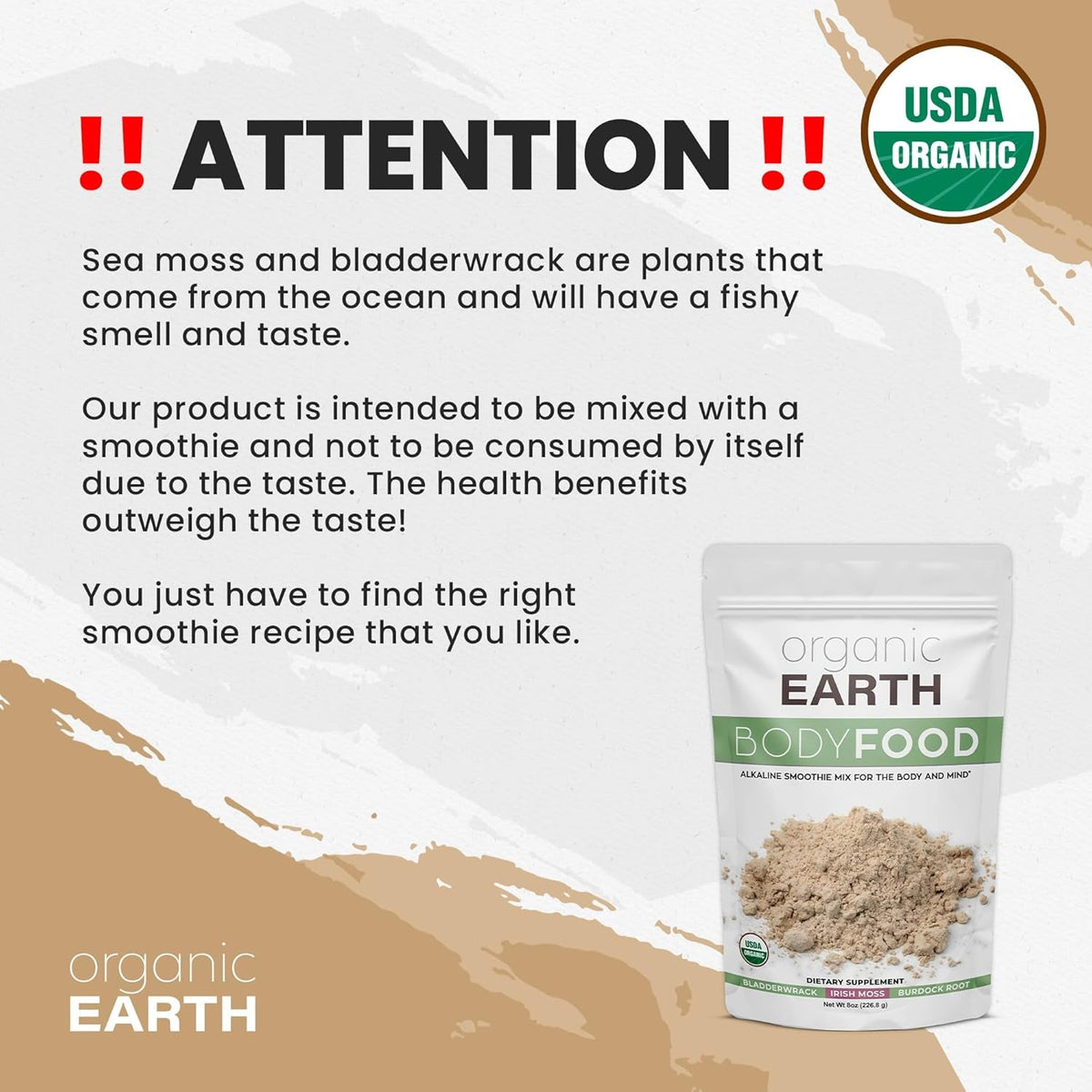 Organic Earth Irish Sea Moss Powder 8Oz - Wildcrafted Sea Moss Organic with Bladderwrack & Burdock Root Powder - Thyroid, Digestion Support & Healthy Skin - USDA Certified Organic