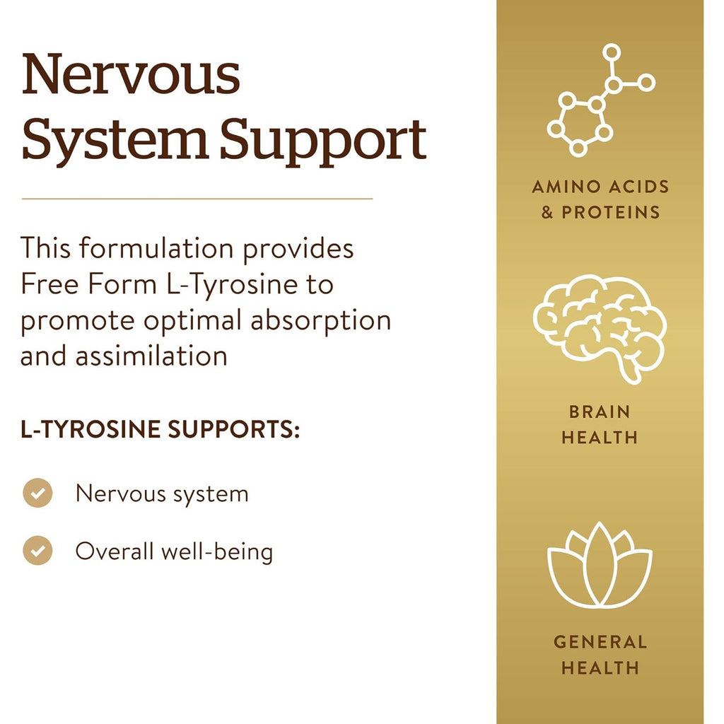 Solgar L-Tyrosine 500 Mg, 100 Vegetable Capsules - Brain & Nervous System Support - Vegan, Gluten Free, Dairy Free, Kosher - 100 Servings,Standard Packaging