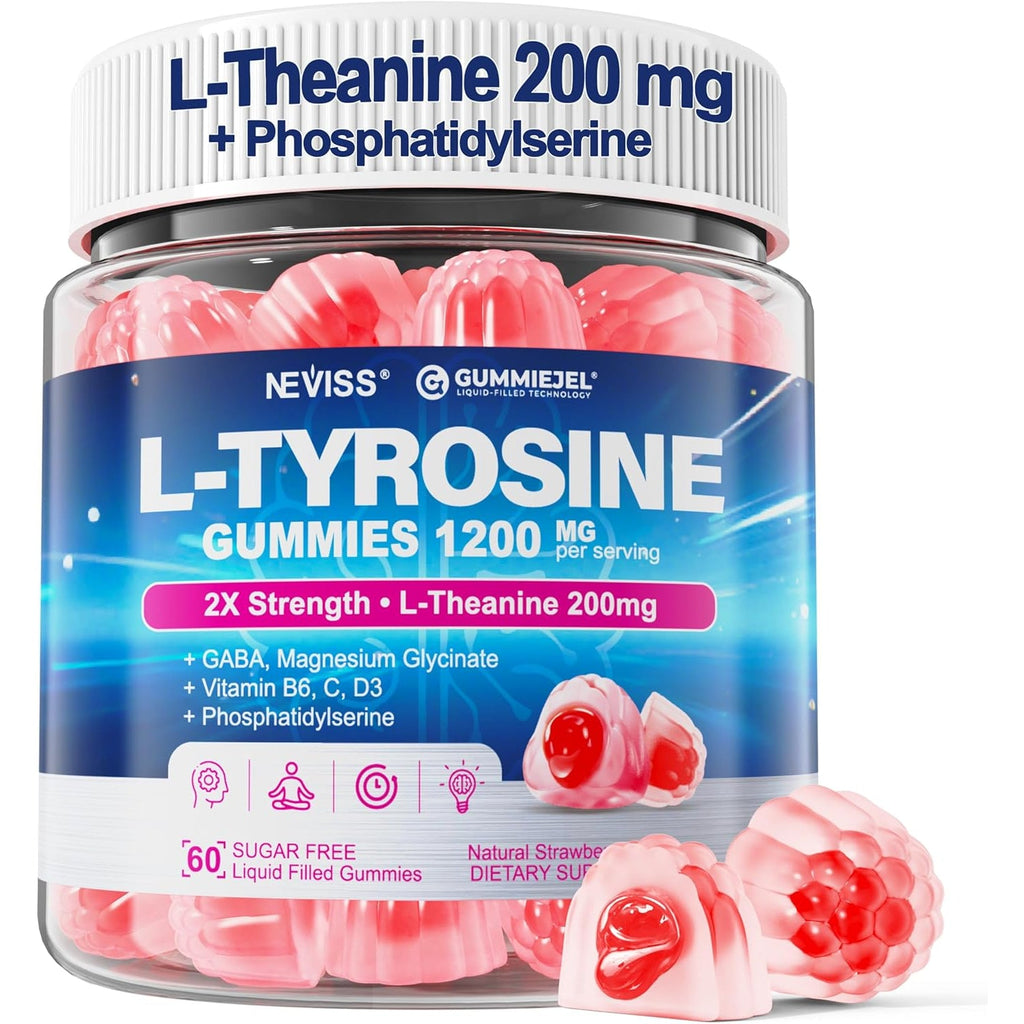 L Tyrosine Gummies Supplement 1200Mg, GABA L-Theanine Supplement 200Mg with Magnesium Glycinate Vitamin B6, D3 & C - Calm & Focus Gummies - Brain Supplements for Memory, Mood & Relax for Adults, 60Cts