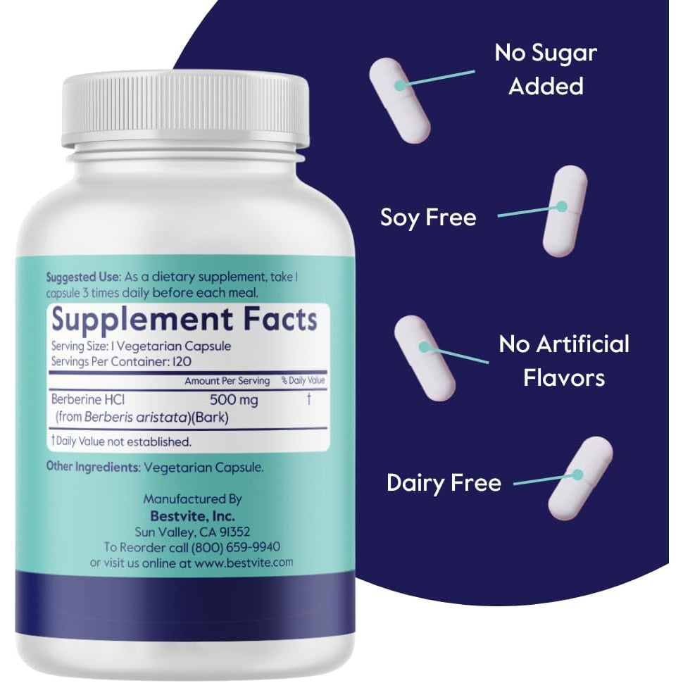 BESTVITE Berberine 500Mg per Capsule (120 Vegetarian Capsules) - No Fillers - No Stearates - No Flow Agents - Vegan - Gluten Free - Non GMO