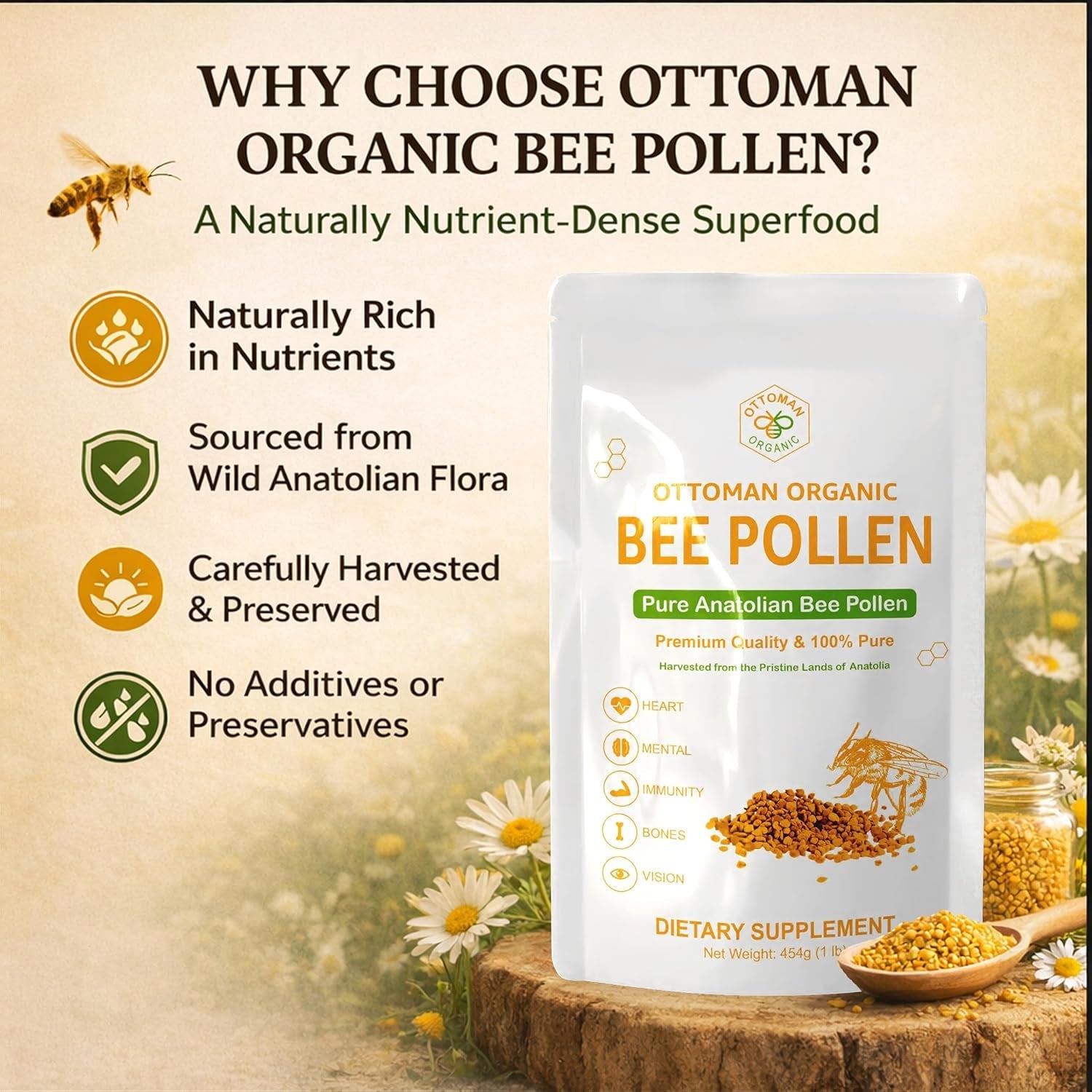 Bee Pollen – USDA & EU Organic Certified, Halal, ISO 22000 & GMP | 100% Pure Superfood, Rich in Vitamins & Minerals | Non-Gmo, Additive-Free (1 Pound (Pack of 1))