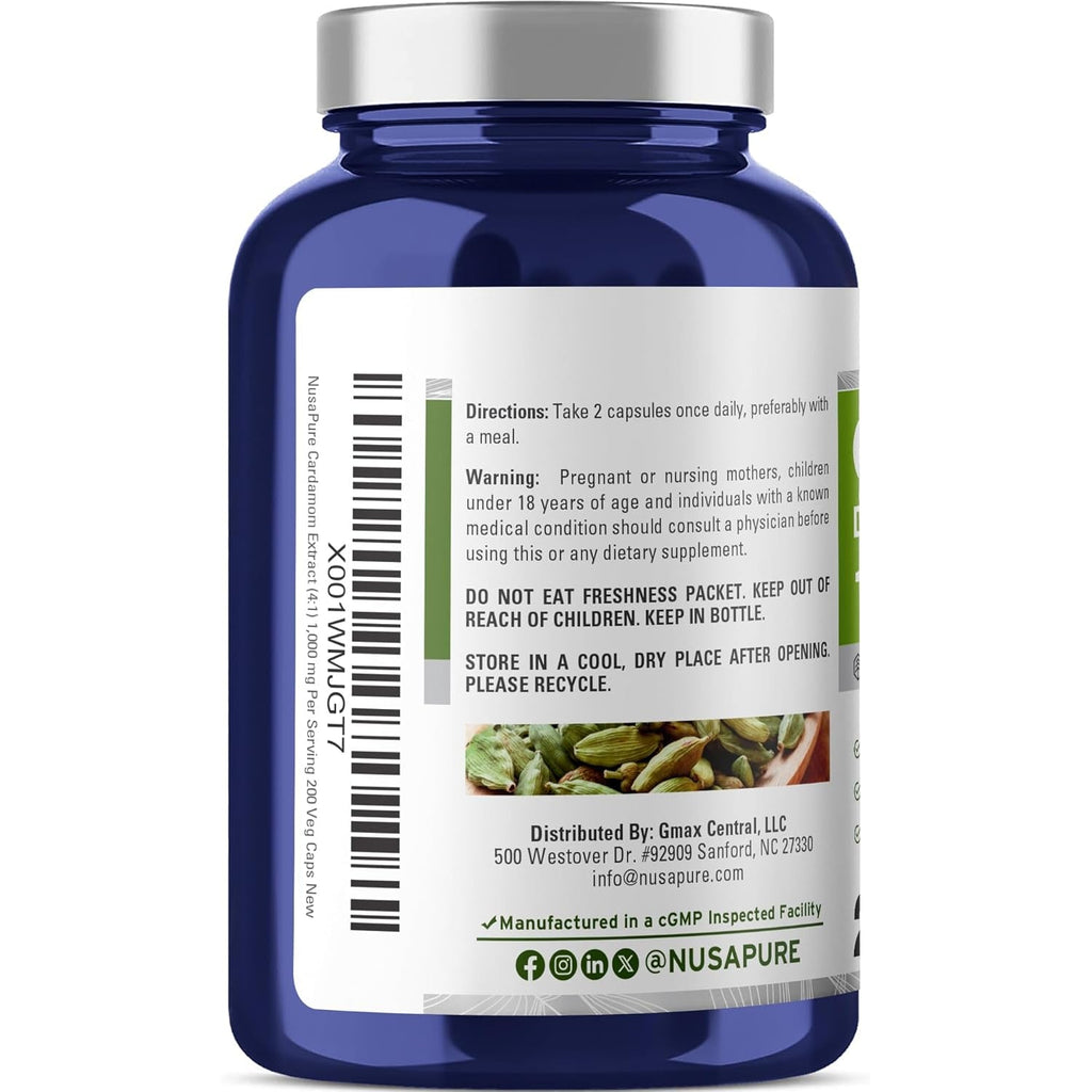 Nusapure Cardamom Capsules, 1000 Mg, 200 Veg Capsules (Non-Gmo, Vegan)