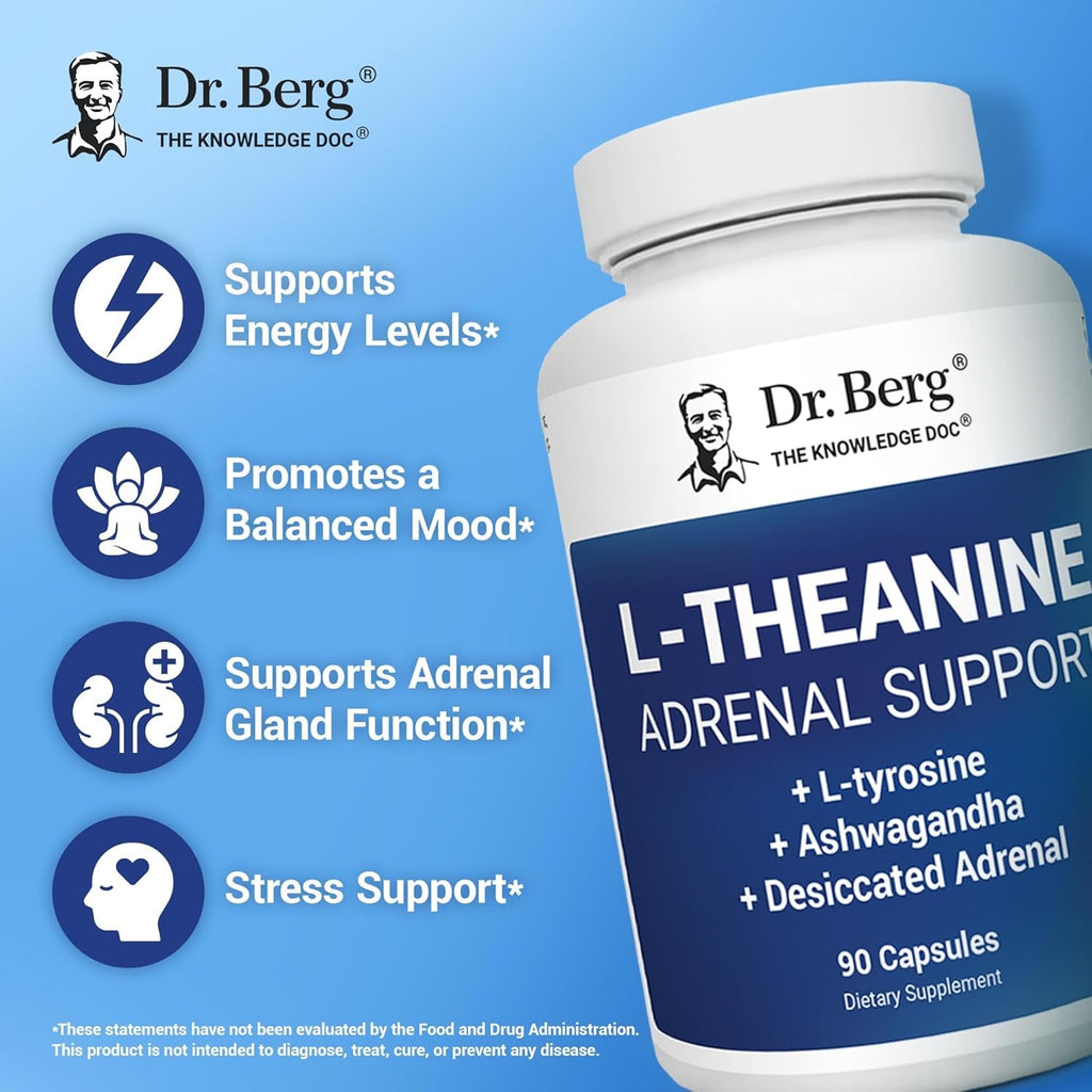 Dr. Berg L-Theanine 200Mg - Includes Zinc, Copper, L-Tyrosine, & Ashwagandha – L-Theanine Supplement Adrenal Support - for Relaxation, Stress Relief, and Mental Clarity* – 90 Gelatin Capsules
