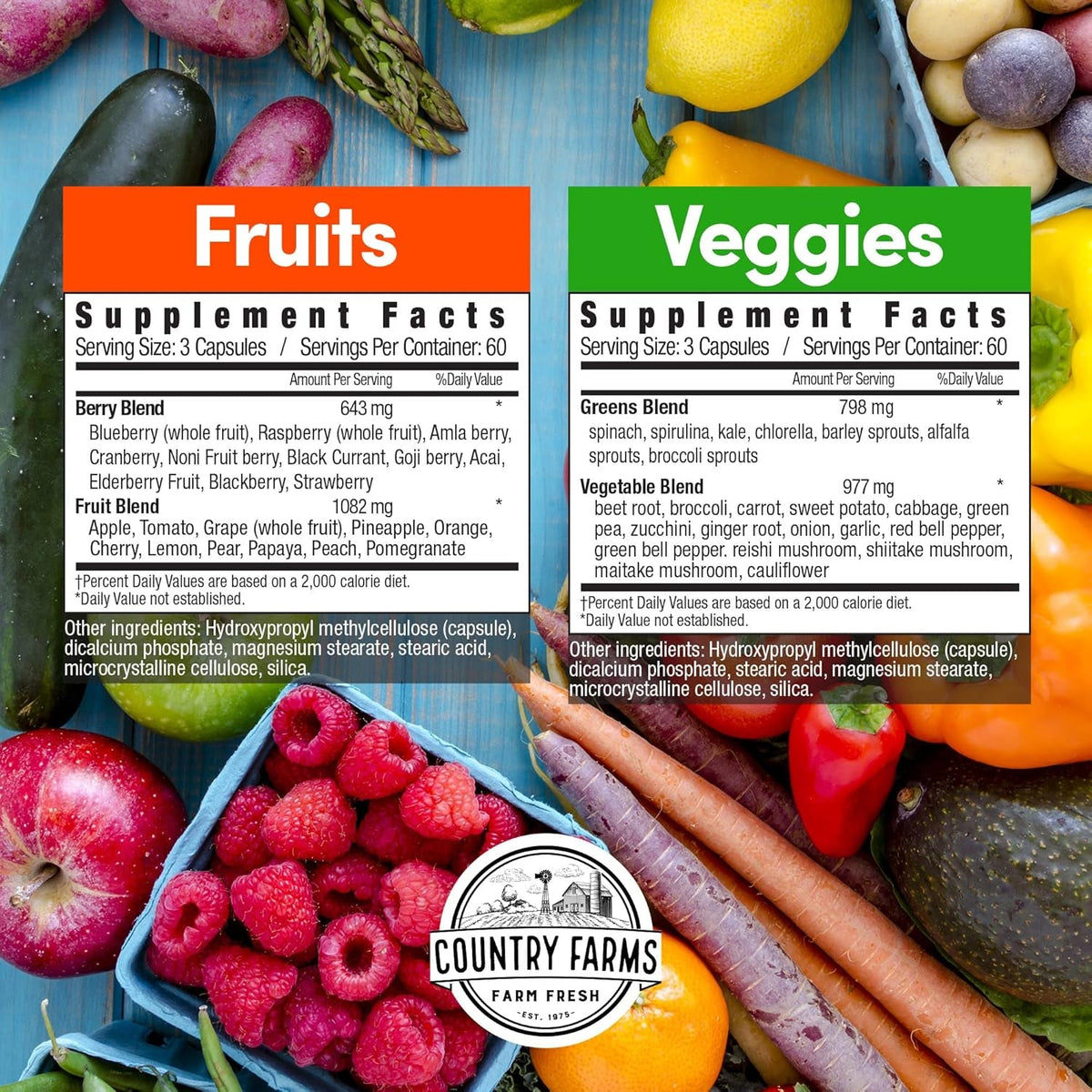 Country Farms Fruits and Vegetables Supplement, 180 Fruit and 180 Veggie Capsules, Greens and Reds Packed with Superfoods, Powerful Antioxidants, 60 Servings