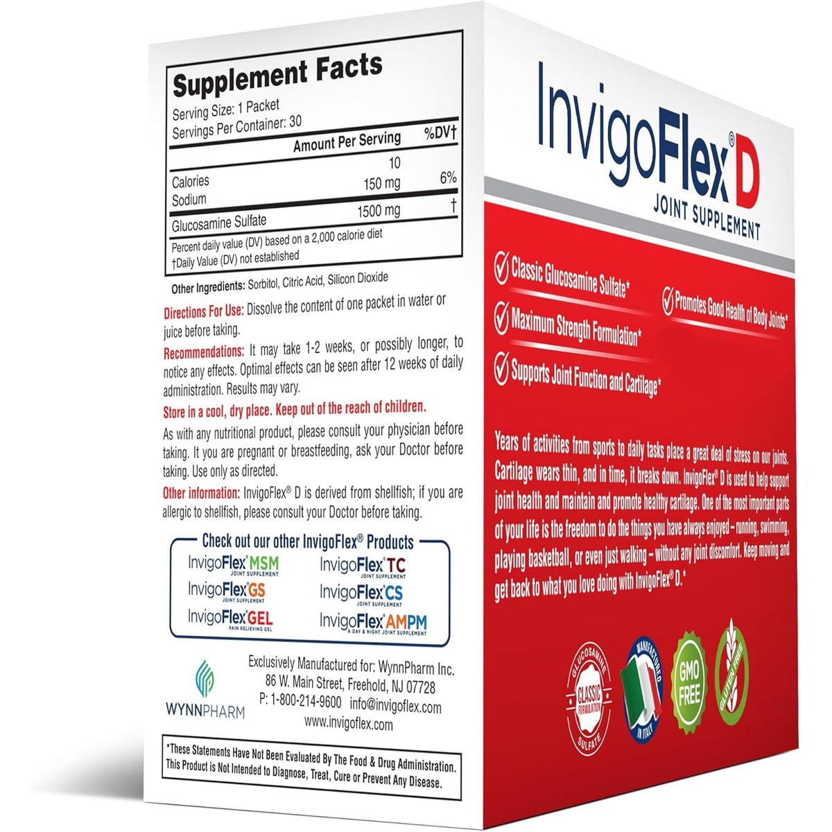 INVIGOFLEX® D - 1500Mg of Glucosamine Sulfate Powder (Classic Formulation) - Premium Joint Supplement for Knees, Hands, Back, and Hip Support Packets | 30 Packets
