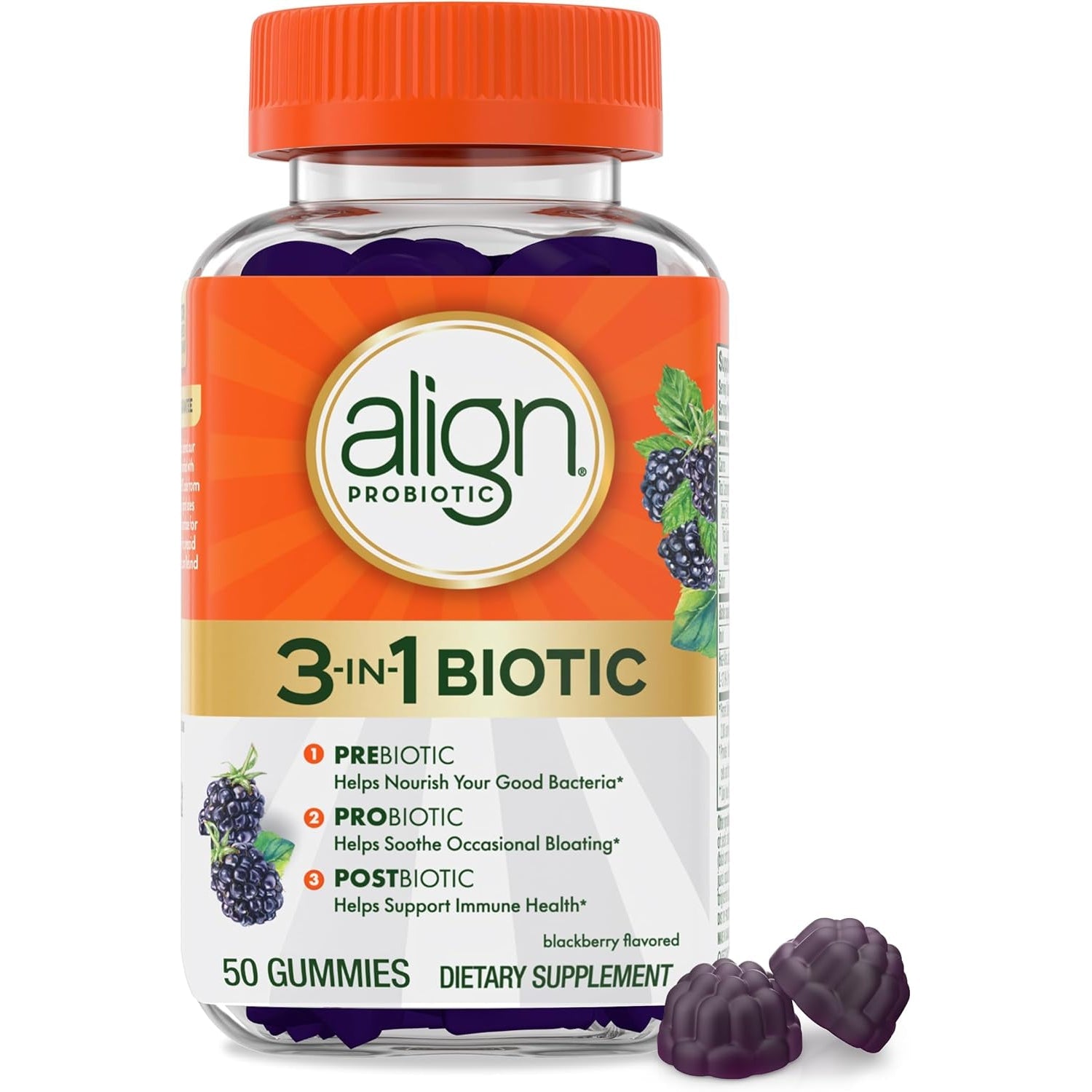 Align Probiotic, 3-In-1 Biotic Gummies, Prebiotic + Probiotic + Postbiotic, #1 Doctor Recommended Probiotic Brand‡, Helps Relieve Occasional Bloating*, Blackberry Flavor, 50 Gummies
