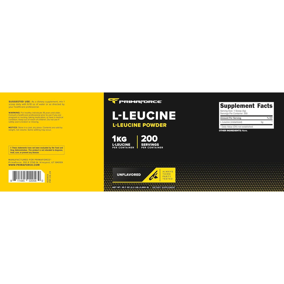 Primaforce L-Leucine Pure Powder 1 KG (2.2Lbs) - Non-Gmo, Gluten Free, 200 Servings