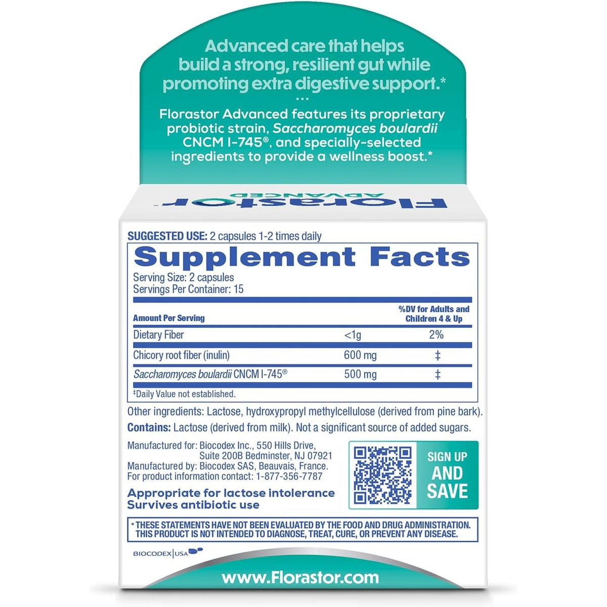Florastor Advanced Pro+Pre Daily Probiotic and Prebiotic Supplement for Women and Men, Boosts Good Bacteria, Saccharomyces Boulardii CNCM I-745 (30 Capsules) (Pack of 1)