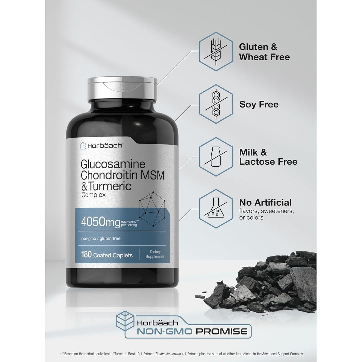 Horbäach Glucosamine Chondroitin MSM | 180 Caplets | with Turmeric | Triple Strength Formula | Non-Gmo & Gluten Free Supplement