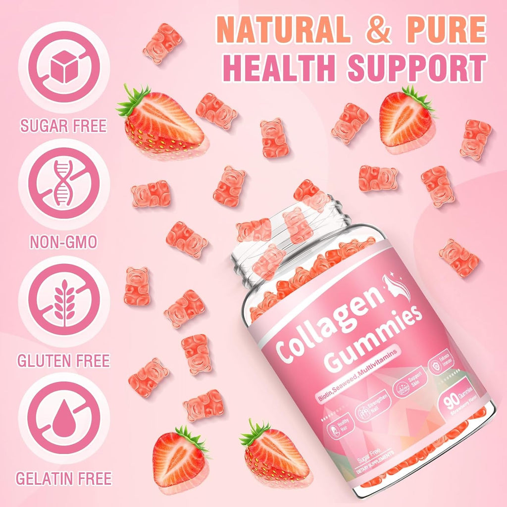 180 Count Collagen Gummies Collagen Protein Type I II III V X with Biotin Vitamin C a B D E Keratin Hyaluronic Acid for Hair Skin Nails Joint Immune Digestion Women Men Sugar Free Strawberry