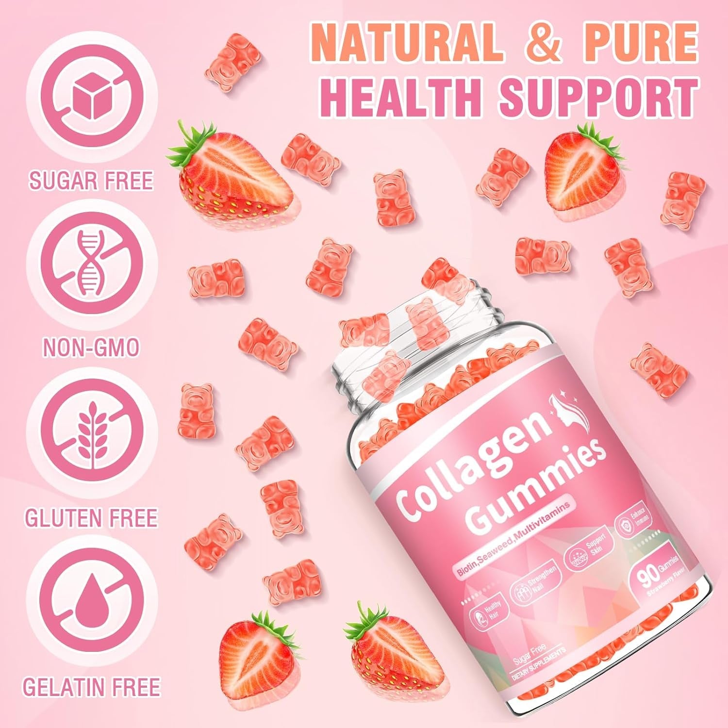 180 Count Collagen Gummies Collagen Protein Type I II III V X with Biotin Vitamin C a B D E Keratin Hyaluronic Acid for Hair Skin Nails Joint Immune Digestion Women Men Sugar Free Strawberry