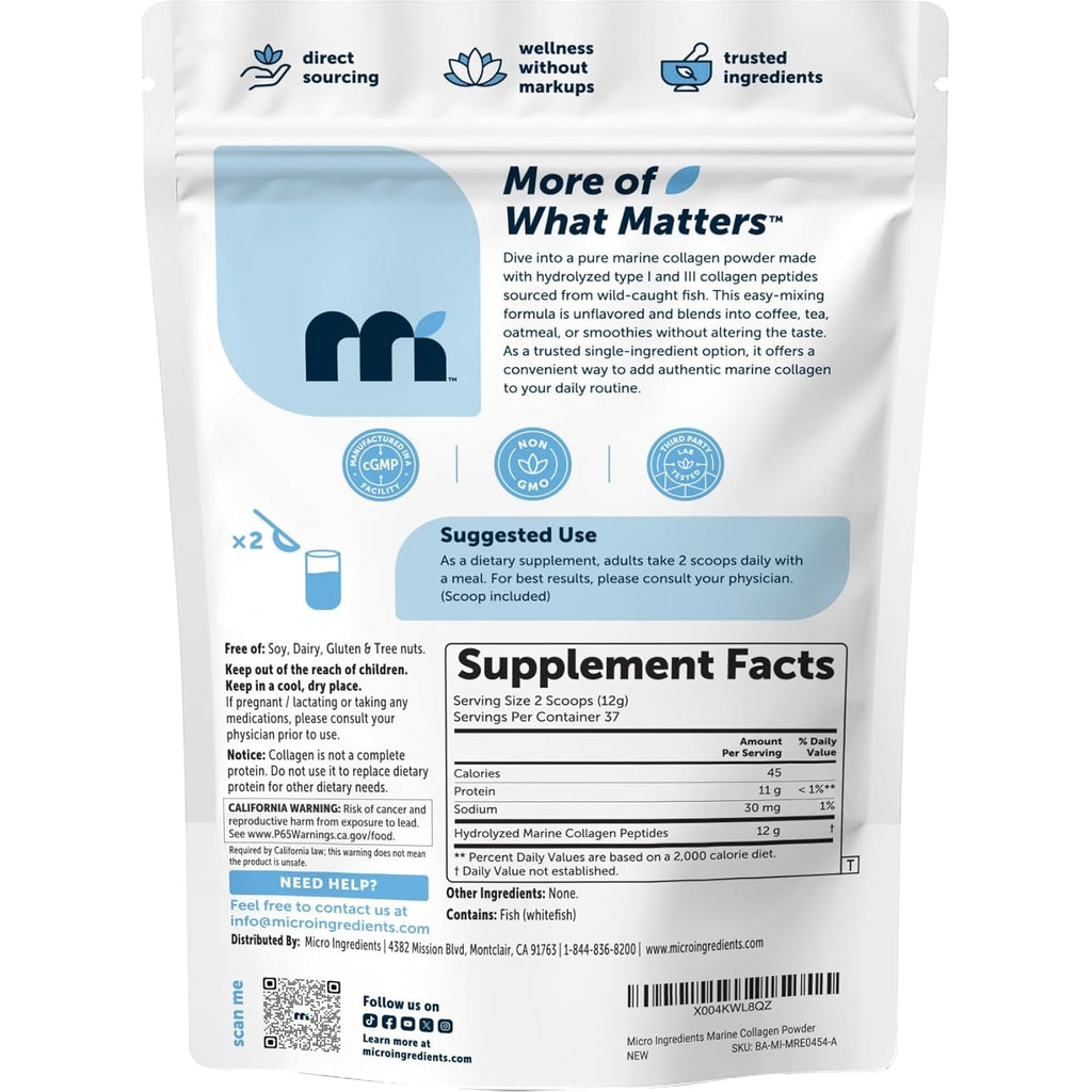 Micro Ingredients Marine Collagen Protein Powder, 1 Pound | Wild Caught Fish Source | Hydrolyzed Peptides | Unflavored, Keto, & Paleo Friendly | Easy to Mix, Non-Gmo
