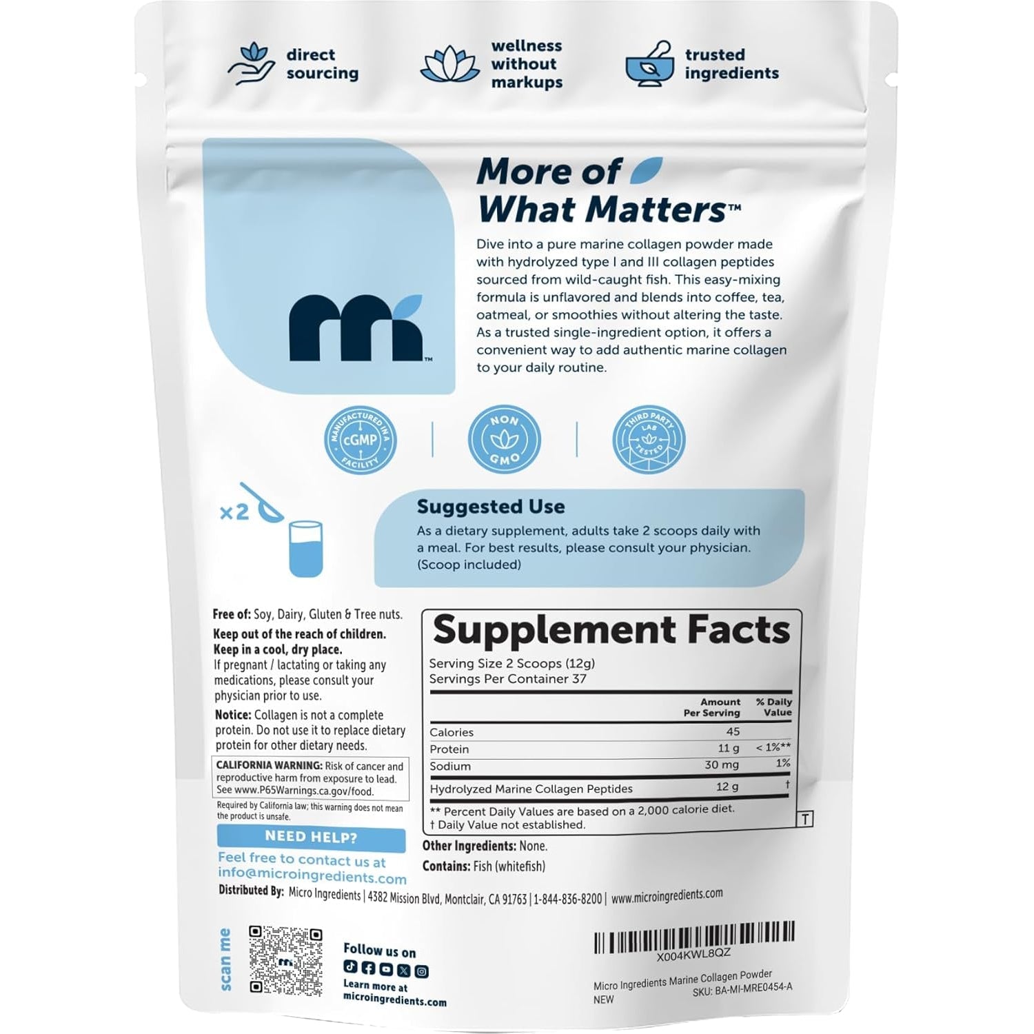 Micro Ingredients Marine Collagen Protein Powder, 1 Pound | Wild Caught Fish Source | Hydrolyzed Peptides | Unflavored, Keto, & Paleo Friendly | Easy to Mix, Non-Gmo