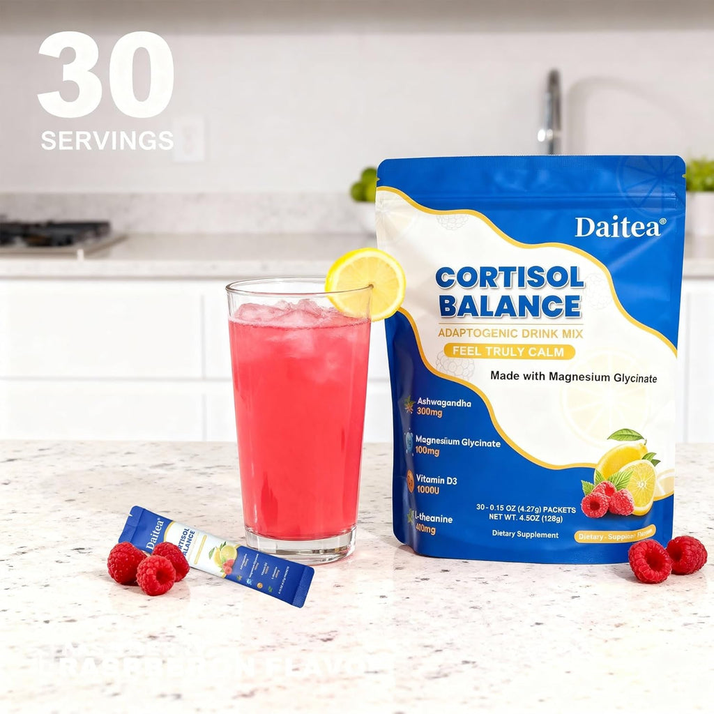 Cortisol Calm Drink Mix with Magnesium Glycinate Powder, L-Theanine, Vitamins, and Ashwagandha for Relaxation & Focus | Adaptogen Drink & Cortisol Support | 30 Packets (Raspberry & Lemon Flavor)