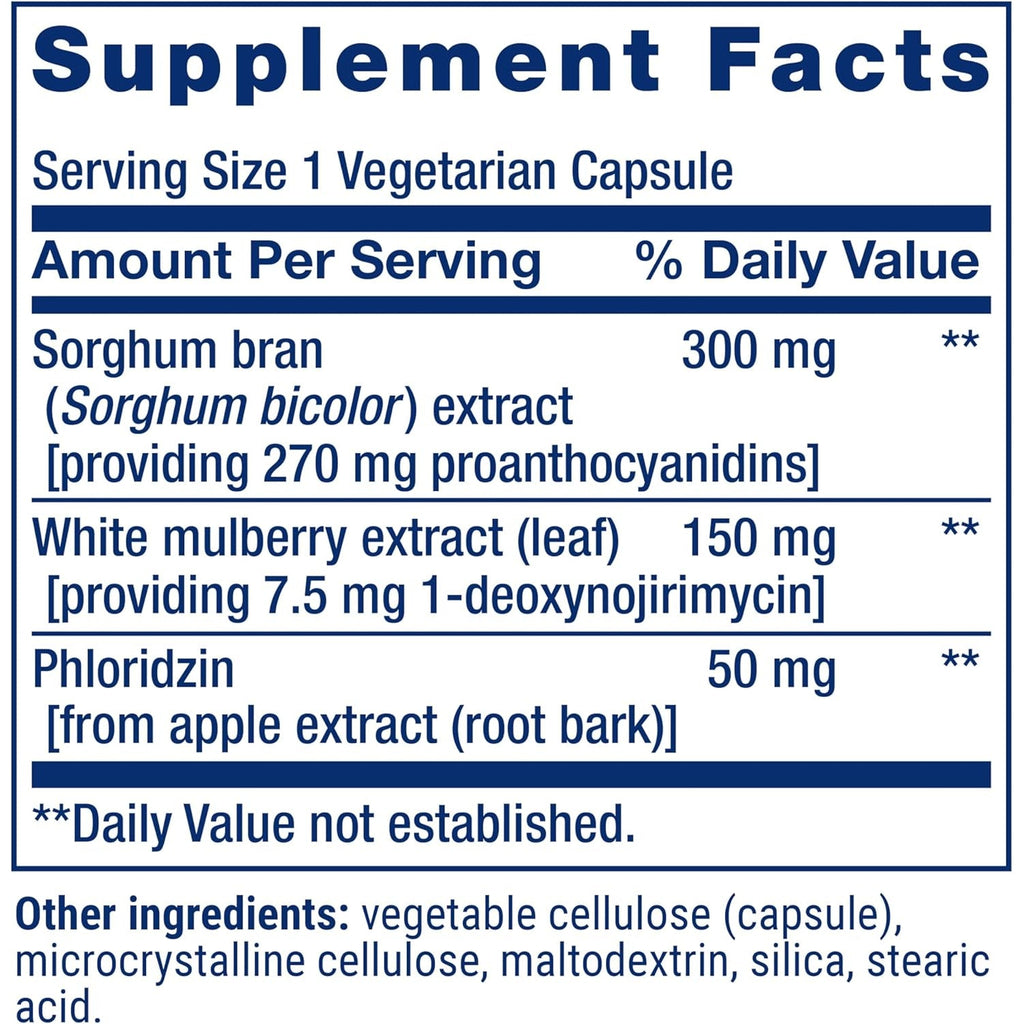 Life Extension Tri Sugar Shield®, Sorghum Bran, White Mulberry, Phloridzin Apple Polyphenol, Three Botanical Extracts Promote Healthy Glucose Metabolism, Gluten-Free, Non-Gmo, Vegetarian, 60 Capsules