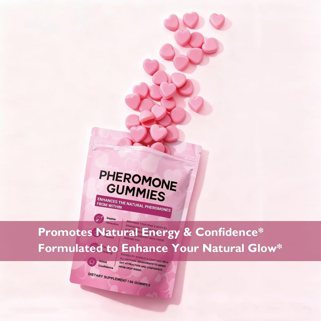 Pheromone Gummies for Women with Slippery Elm – Enhance Confidence & Attraction – Hormone Balance & Body Odor Support, Non-Gmo, Sugar Free, Gluten-Free, Vegan, Strawberry Flavor, 60 Gummies