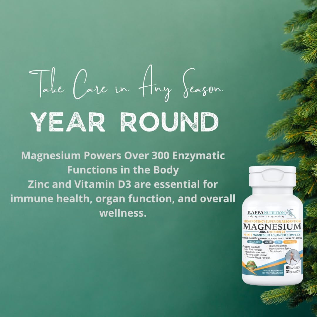 Kappa Nutrition Magnesium 4-In-1, 280Mg Elemental Magnesium (Bisglycinate, Malate) + Zinc & Vitamin D3, Brain, Sleep, Energy, Muscle, Immune Support, 60 Vegan Capsules.